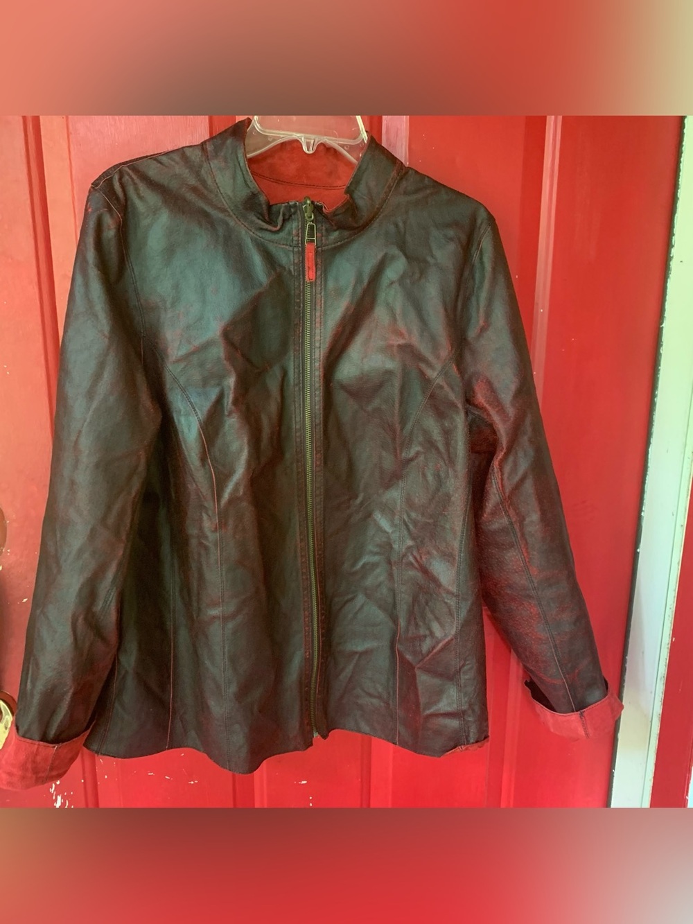 Denim & Co Green Suede Leather Reversible Jacket red